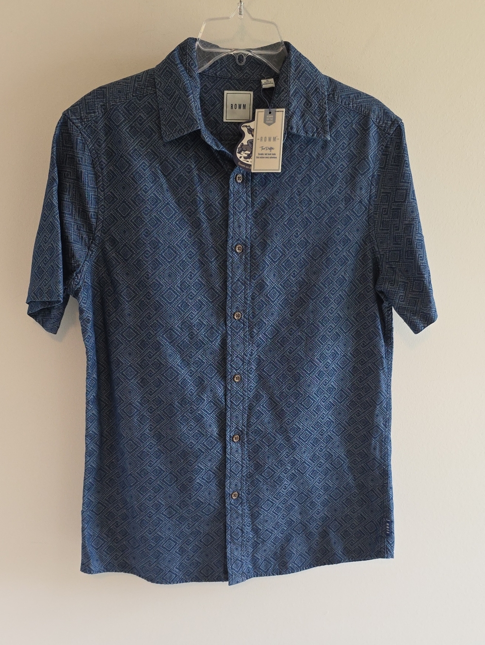 New Rowm Shirt Mens Small Blue Geometric Short-Sleeve Button-Up